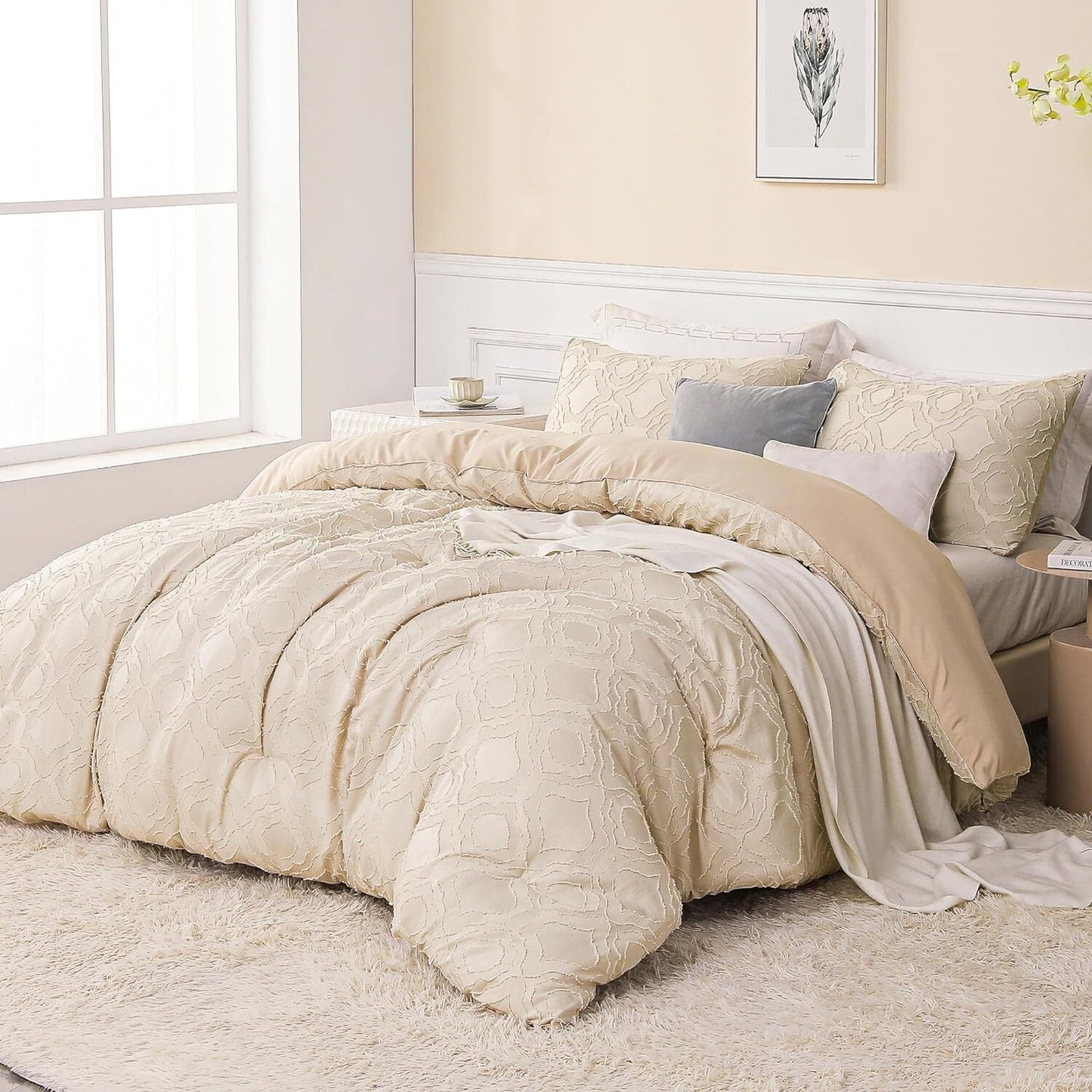 Whale Flotilla 3-Piece Tufted Queen Comforter Set, Soft Fluffy Shabby Chic Comforter for All Seasons, Farmhouse Boho Duvet Bedding Sets with 2 Pillow Shams, 90"x90", Beige