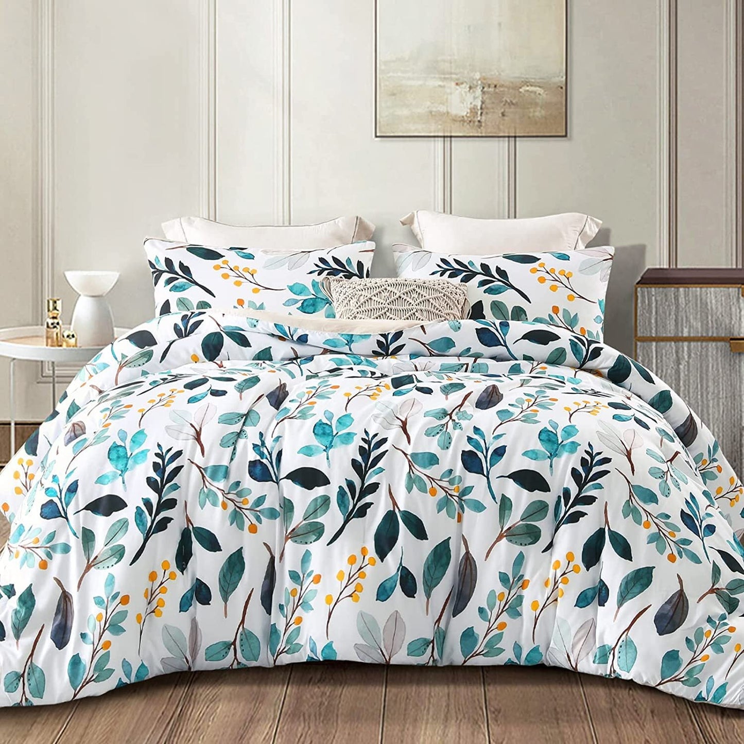 Whale Flotilla 3-Piece King Comforter Set, Soft Reversible Bedding Comforter Sets, Botanical Leaf Printed Down Alternative Comforter Duvet for All Seasons, Blue