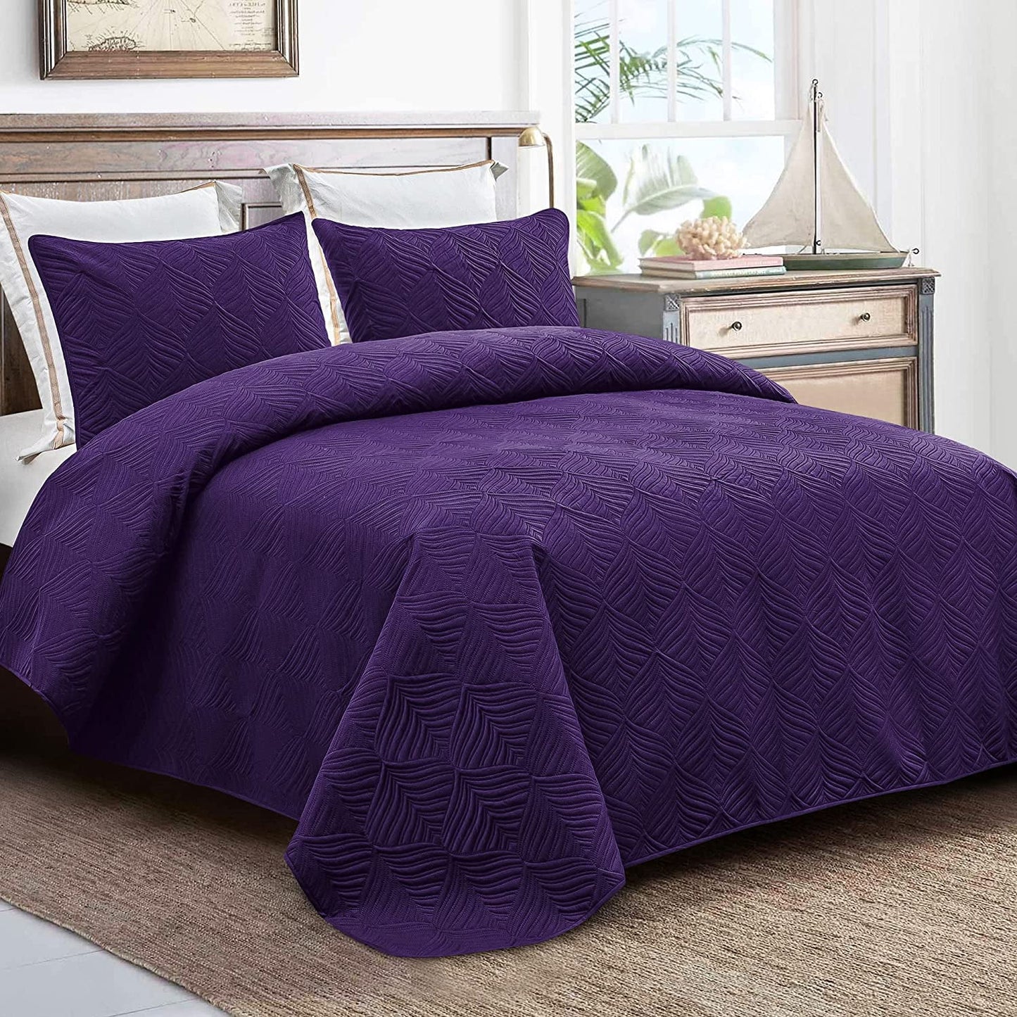 Whale Flotilla 3-Piece California King Size Quilt Set, Soft Ultrasonic Embossed Bedding Set, Lightweight Bedspread Coverlet with Vintage Pattern, Reversible Bed Cover for All Seasons, Vintage Purple