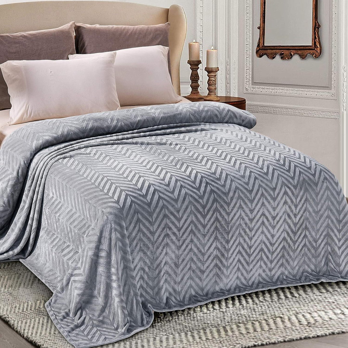 Whale Flotilla Flannel Fleece Twin Size Bed Blanket, Soft Velvet Lightweight Bedspread Plush Fluffy Coverlet Chevron Design Decorative Blanket for All Season, 90x66 Inch, Silver Grey