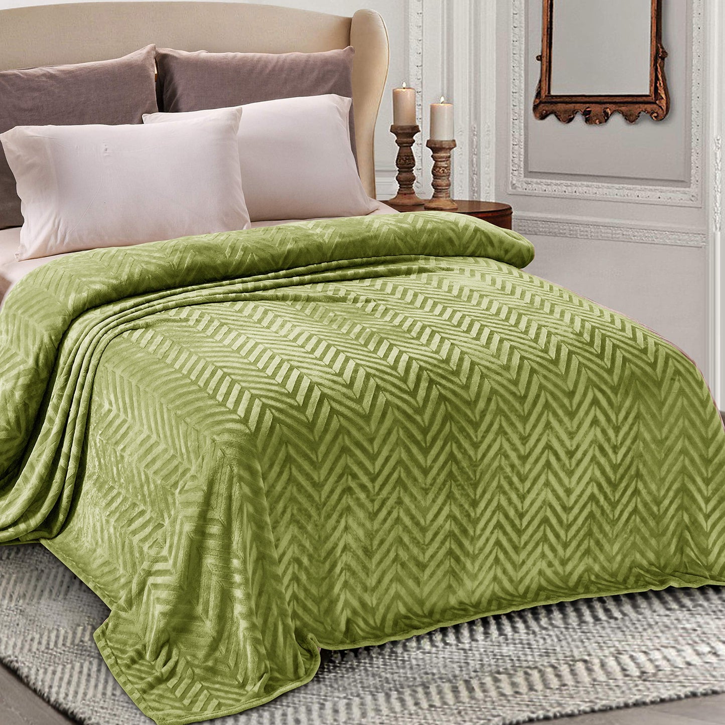 Whale Flotilla Flannel Fleece Queen Size(90x90 Inch) Lightweight Bed Blanket, Soft Velvet Bedspread Plush Fluffy Coverlet Chevron Design Decorative Blanket for All Seasons, Olive Green