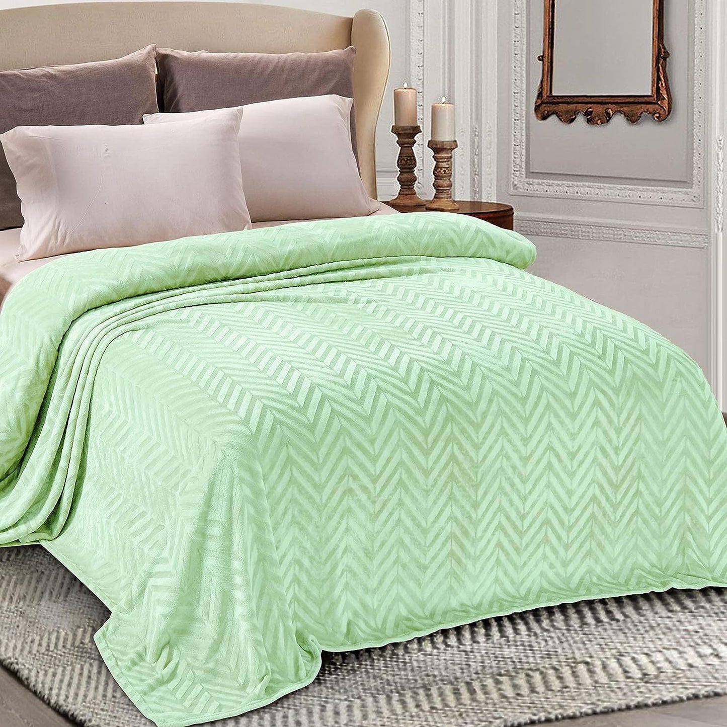 Whale Flotilla Flannel Fleece Twin Size Bed Blanket, Soft Velvet Lightweight Bedspread Plush Fluffy Coverlet Chevron Design Decorative Blanket for All Season, 90x66 Inch, Light Green