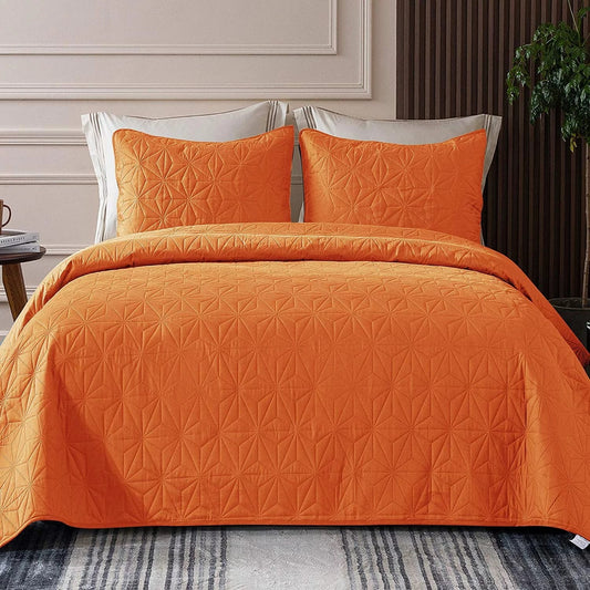 Whale Flotilla Microfiber Queen Size (96x90 inches) Quilt Set Lightweight Quilted Bedspreads Coverlets Set with Stars Pattern, Orange, 3 Piece (1 Quilt, 2 Shams)