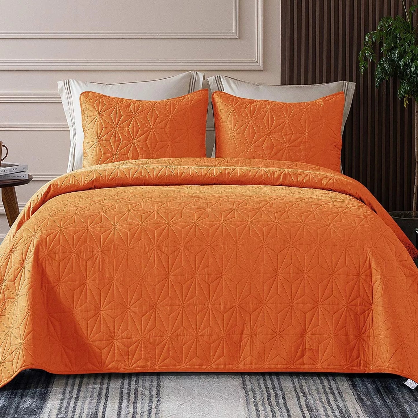 Whale Flotilla Microfiber California King (104x112 inches) Quilt Set Lightweight Quilted Bedspreads Coverlets Set with Stars Pattern, Orange, 3 Piece (1 Quilt, 2 Shams)