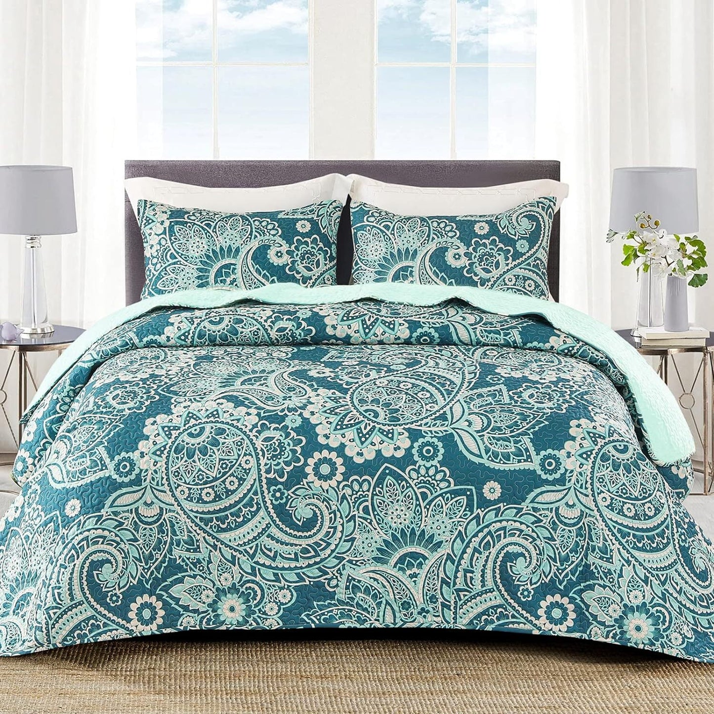 Whale Flotilla Reversible Paisley Quilts King Size, Lightweight Boho Printed Bedspreads Coverlets Quilt Bedding Set with 2 Pillow Shams for All Seasons, Turquoise