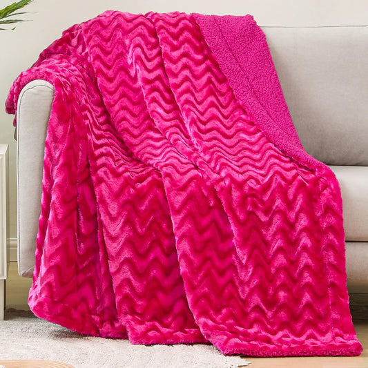 Whale Flotilla Faux Fur Sherpa Throw Blanket for Couch Sofa Bed, Cozy Reversible Fuzzy Fluffy Plush Throws Stylish Blankets for Winter Fall, Warm and Soft, 50x60 Inch, Hot Pink