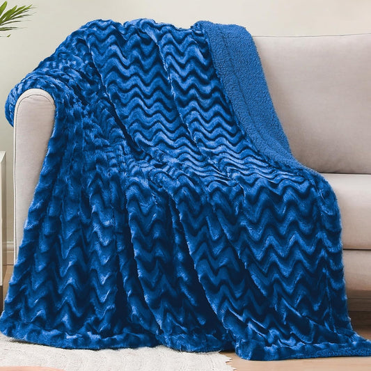 Whale Flotilla Faux Fur Sherpa Throw Blanket for Couch Sofa Bed, Cozy Reversible Fuzzy Fluffy Plush Throws Stylish Blankets for Winter Fall, Warm and Soft, 50x60 Inch, Royal Blue