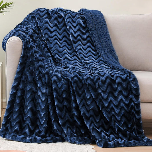 Whale Flotilla Faux Fur Sherpa Throw Blanket for Couch Sofa Bed, Cozy Reversible Fuzzy Fluffy Plush Throws Stylish Blankets for Winter Fall, Warm and Soft, 50x60 Inch, Navy Blue