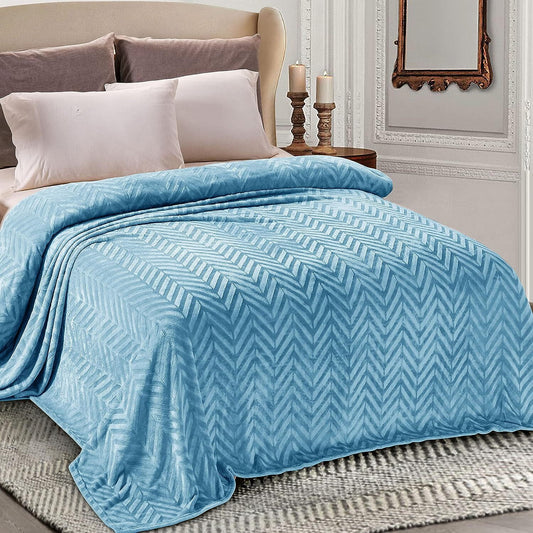 Whale Flotilla Flannel Fleece Queen Size Bed Blanket, Soft Velvet Lightweight Bedspread Plush Fluffy Coverlet Chevron Design Decorative Blanket for All Season, 90x90 Inch, Stone Blue