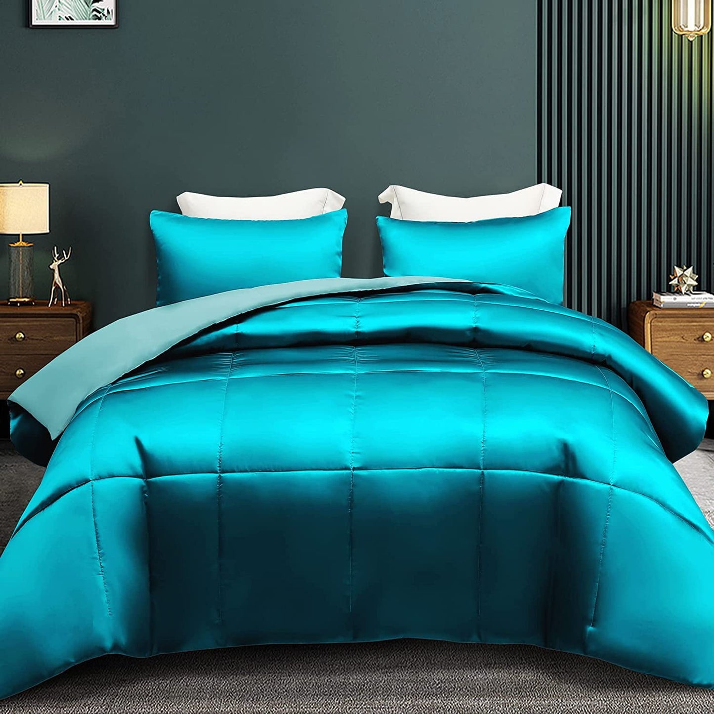 Whale Flotilla 2-Piece Reversible King Size Silk Comforter Set/Bedding Set, Soft Satin Comforter with 1 Satin Pillowcases, Lightweight Duvet Set for All Seasons, Turquoise