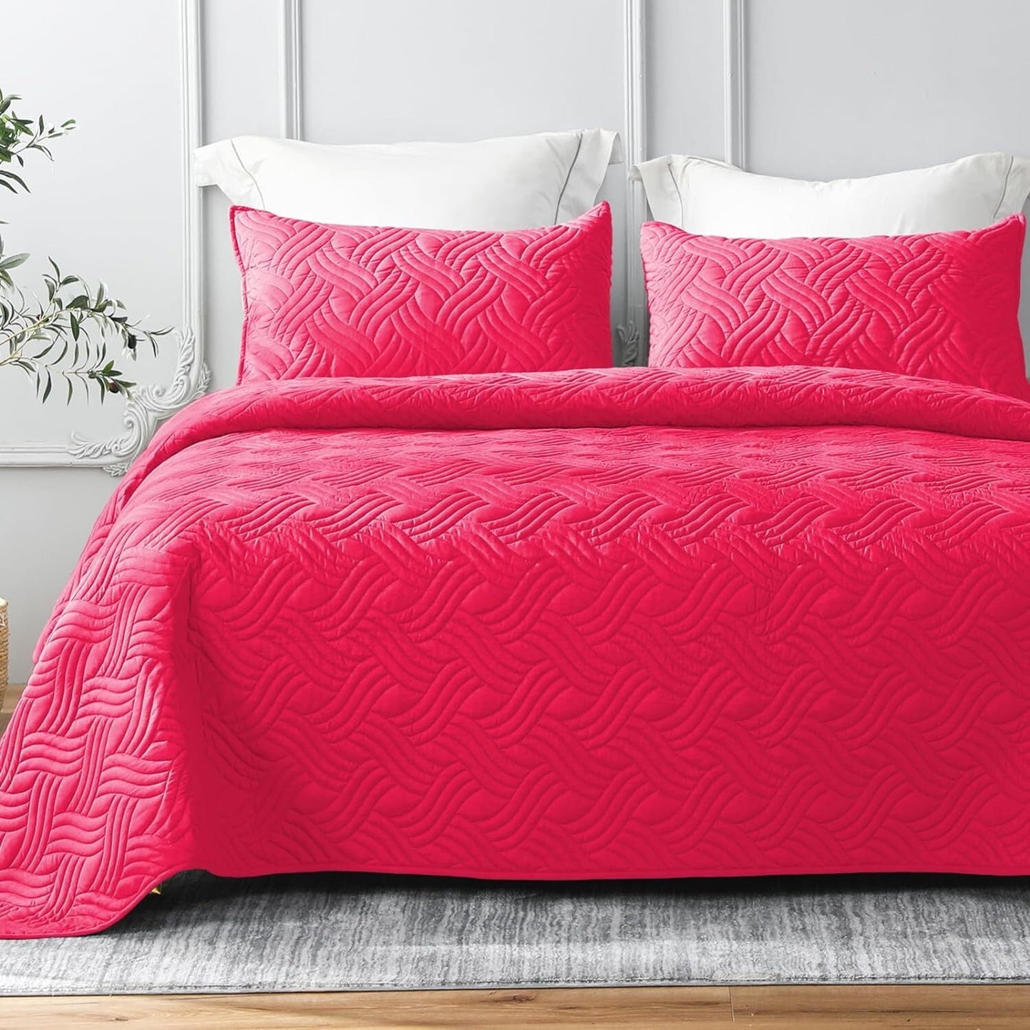 Whale Flotilla Quilt Set Twin Size, Soft Microfiber Lightweight Bedspread Coverlet Bed Cover (Wave Pattern) for All Seasons£¬Hot Pink, 2 Pieces (Includes 1 Quilt,1 Sham)