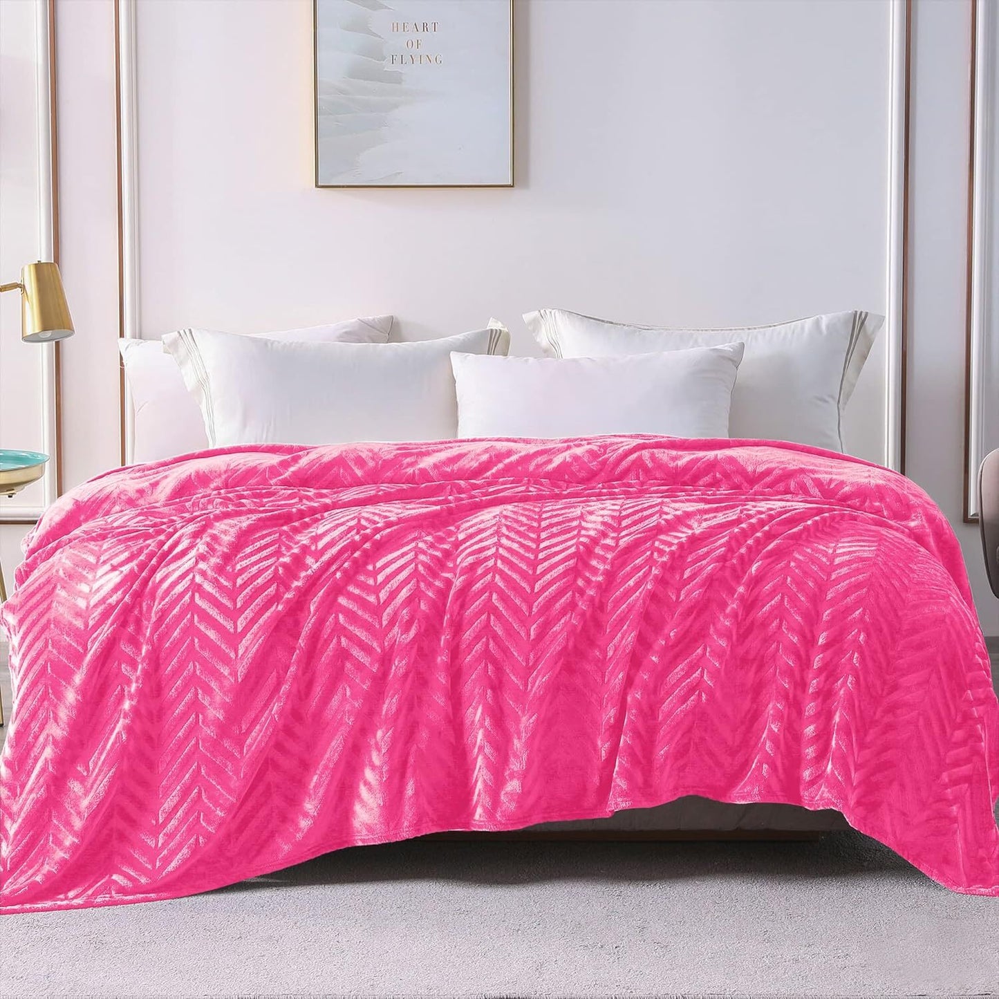 Whale Flotilla Flannel Fleece Twin Size Bed Blanket, Soft Velvet Lightweight Bedspread Plush Fluffy Coverlet Chevron Design Decorative Blanket for All Season, 90x66 Inch, Hot Pink