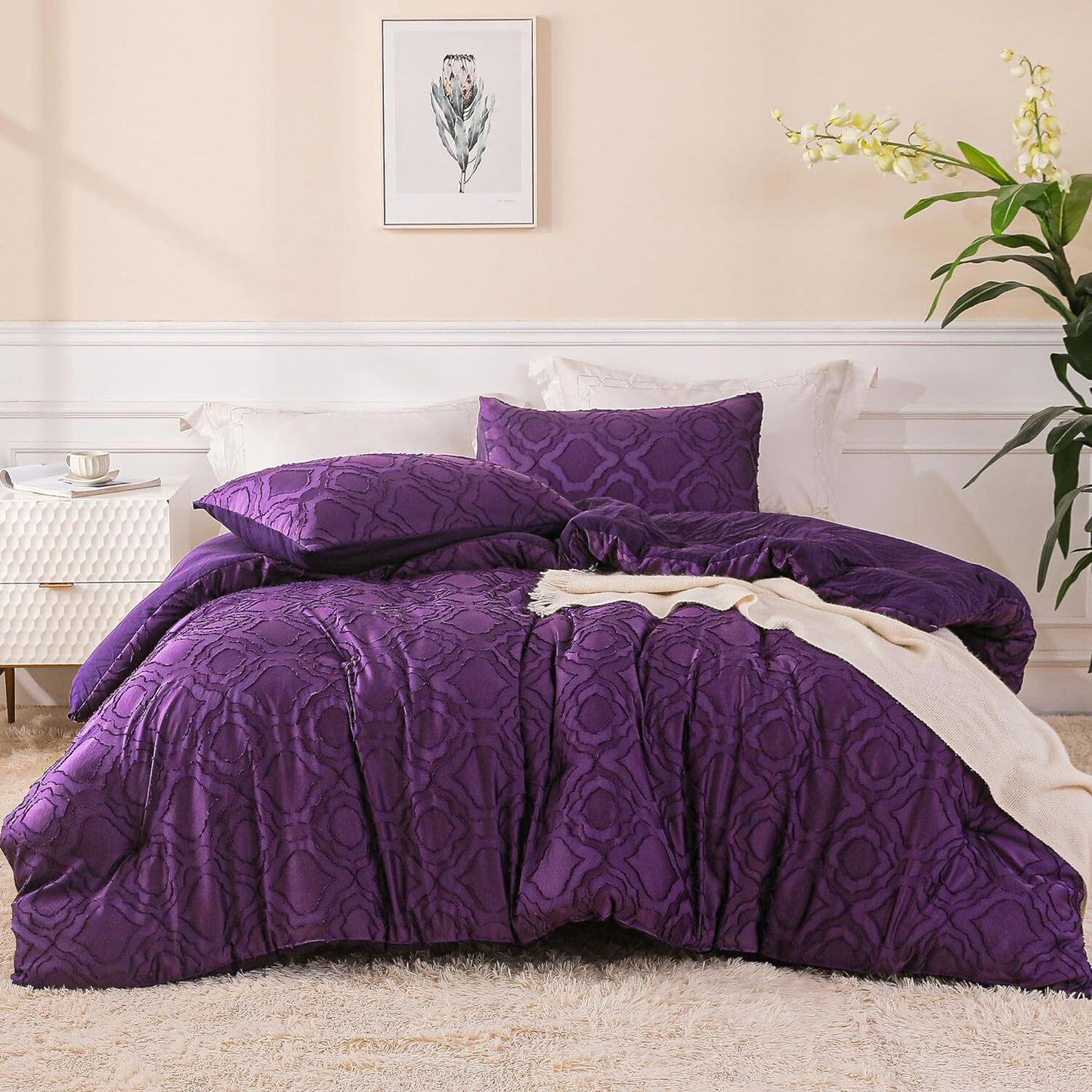 Whale Flotilla 3-Piece Tufted King Size Comforter Set, Soft Fluffy Shabby Chic Comforter for All Seasons, Farmhouse Boho Duvet Bedding Sets with 2 Pillow Shams, 90"x104", Purple