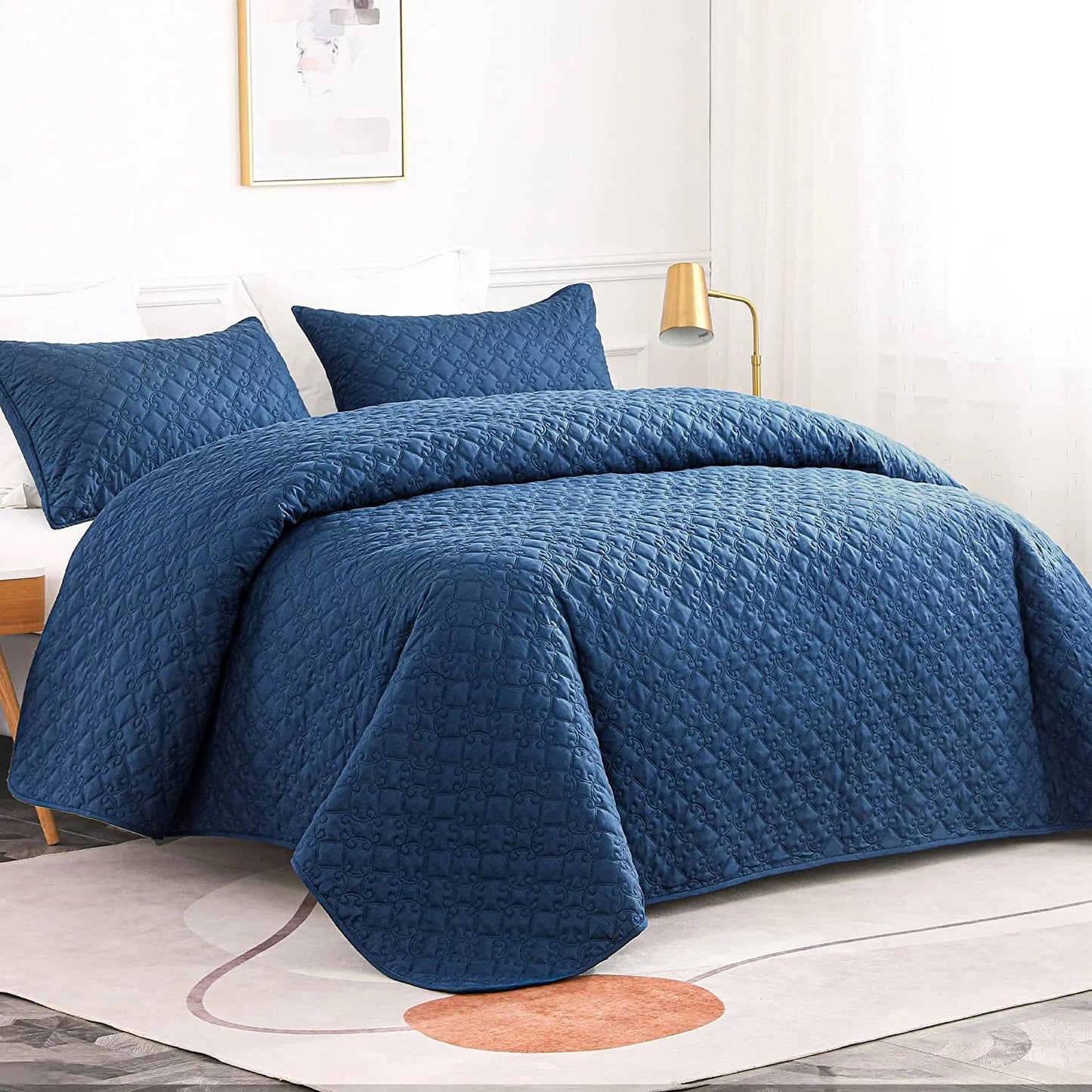 Quilt Set Twin Size, Soft Microfiber Lightweight Bedspread Coverlet Bed Cover (Diamond Pattern) for All Seasons, Navy, 2 Pieces (Includes 1 Quilt, 1 Sham)