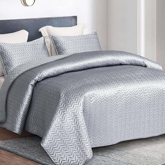 Whale Flotilla 3-Piece Luxury Satin Quilt Set Queen Size, Reversible Lightweight Coverlet Bedspreads Bedding Set with Pillow Shams,94x88 Inches, Grey