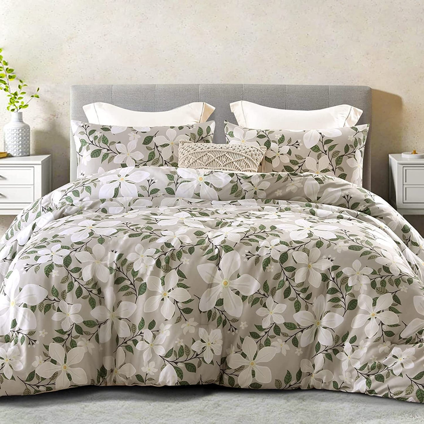 Whale Flotilla 3-Piece Queen Comforter Set, Soft Reversible Full Size Bedding Comforter Sets, Floral Printed Down Alternative Comforter Duvet for All Seasons, Bone