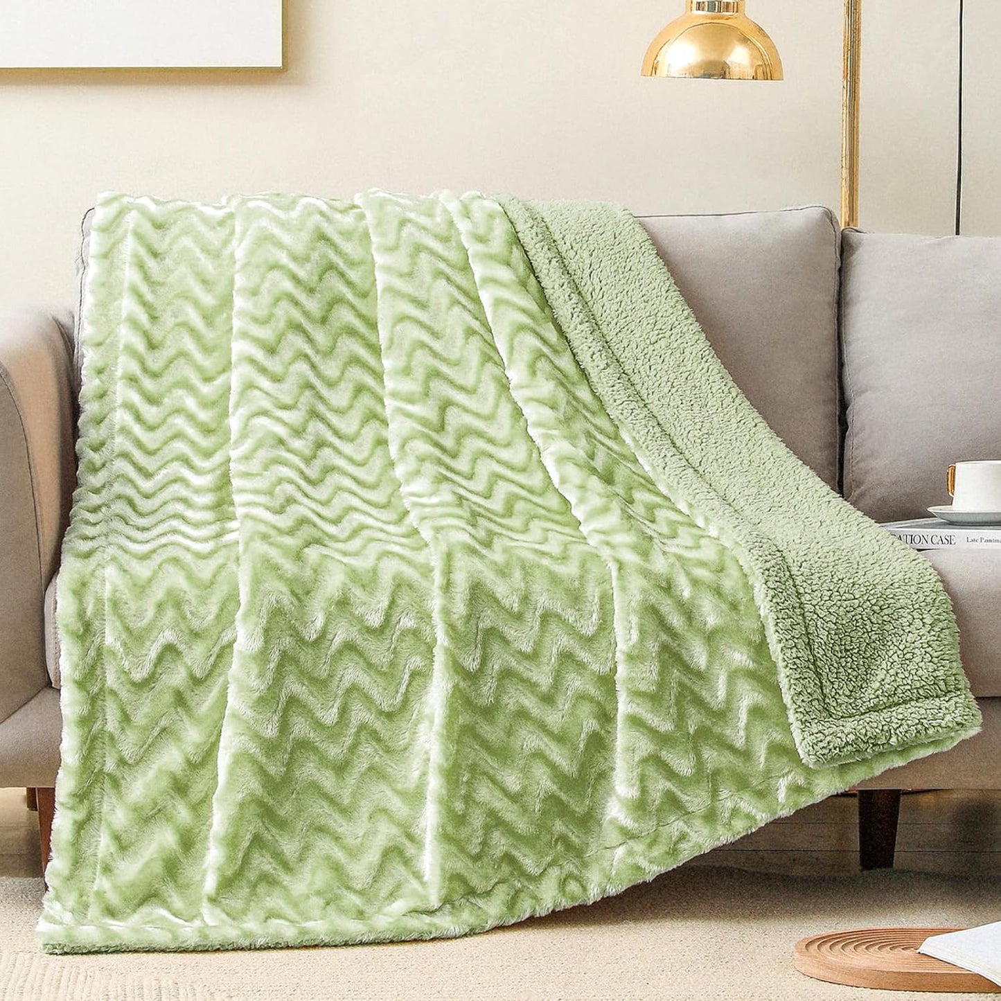 Whale Flotilla Faux Fur Sherpa Throw Blanket for Couch Sofa Bed, Cozy Reversible Fuzzy Fluffy Plush Throws Stylish Blankets for Winter Fall, Warm and Soft, 50x60 Inch, Light Green