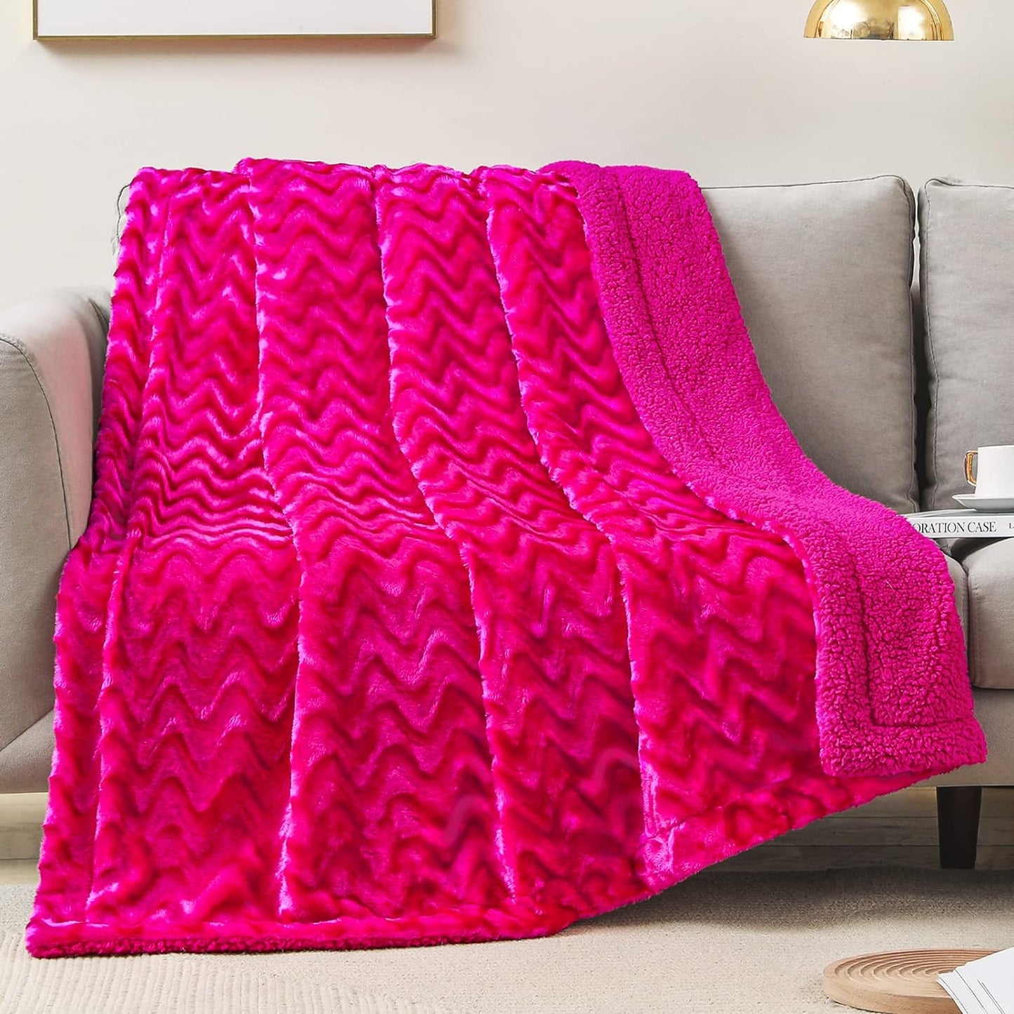 Whale Flotilla Faux Fur Sherpa Throw Blanket for Couch Sofa Bed, Cozy Reversible Fuzzy Fluffy Plush Throws Stylish Blankets for Winter Fall, Warm and Soft, 50x60 Inch, Hot Pink