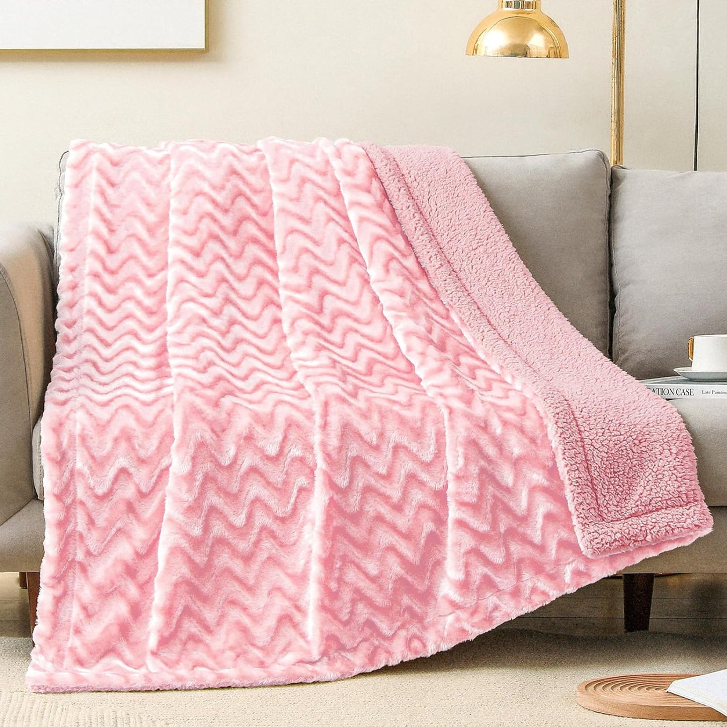 Whale Flotilla Faux Fur Sherpa Throw Blanket for Couch Sofa Bed, Cozy Reversible Fuzzy Fluffy Plush Throws Stylish Blankets for Winter Fall, Warm and Soft, 50x60 Inch, Pink