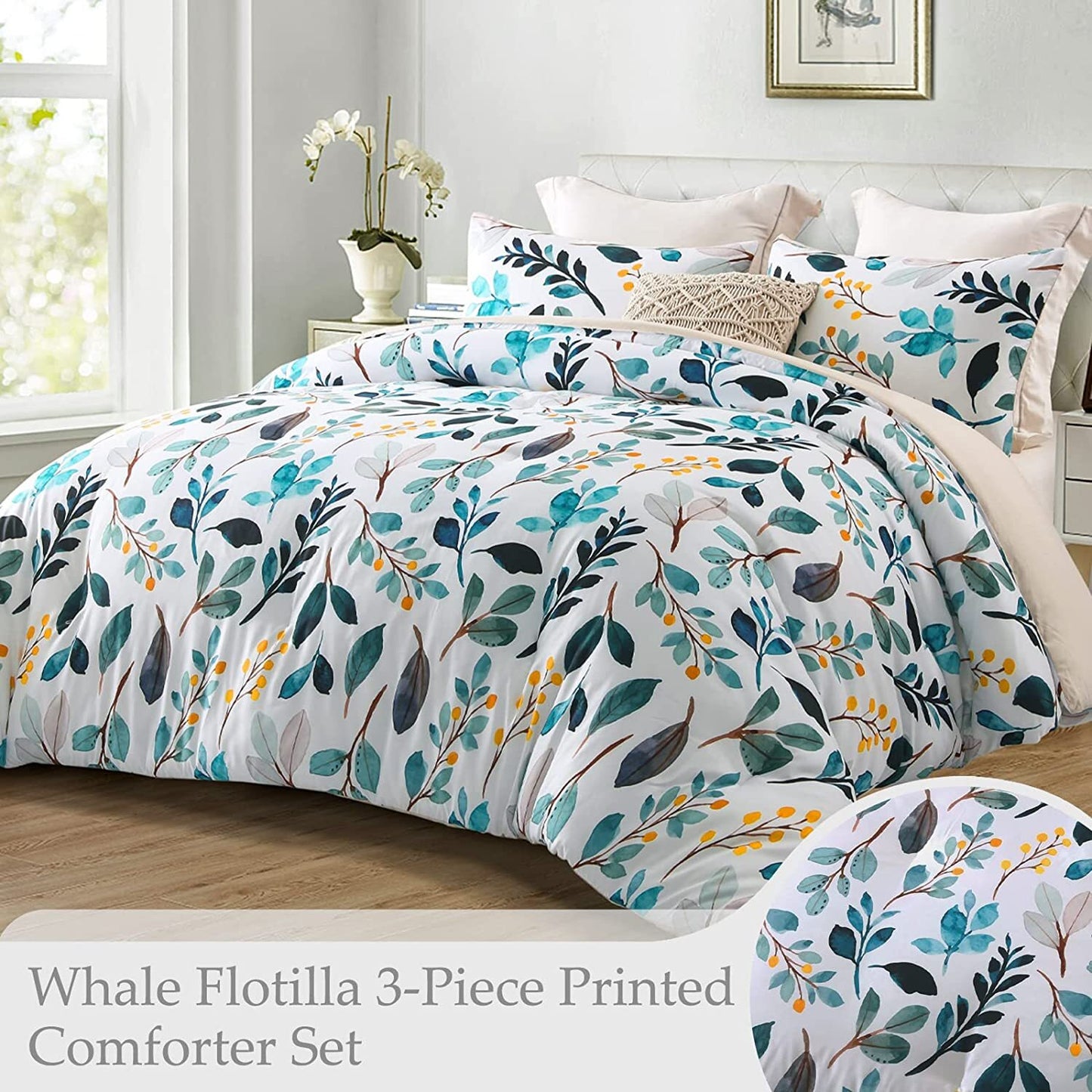 Whale Flotilla 3-Piece King Comforter Set, Soft Reversible Bedding Comforter Sets, Botanical Leaf Printed Down Alternative Comforter Duvet for All Seasons, Blue