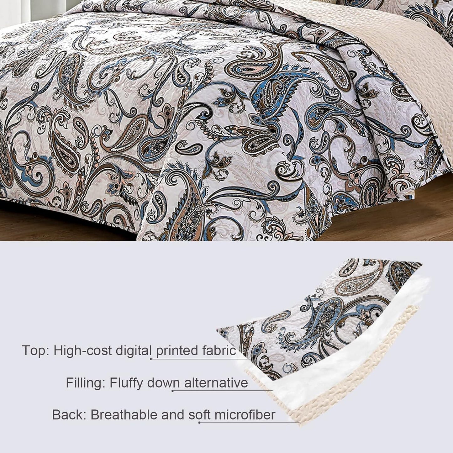 Whale Flotilla Reversible Paisley Quilts King Size, Lightweight Boho Printed Bedspreads Coverlets Quilt Bedding Set with 2 Pillow Shams for All Seasons, Bone/Grey