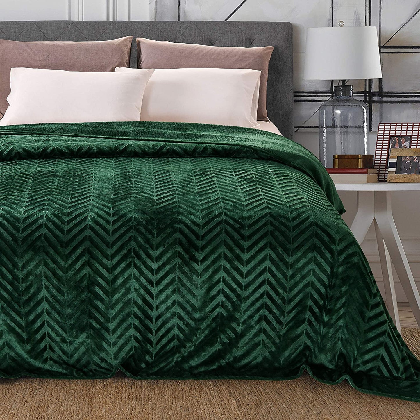 Whale Flotilla Flannel Fleece Twin Size(90x66 Inch) Lightweight Bed Blanket, Soft Velvet Bedspread Plush Fluffy Coverlet Chevron Design Decorative Blanket for All Seasons, Dark Green