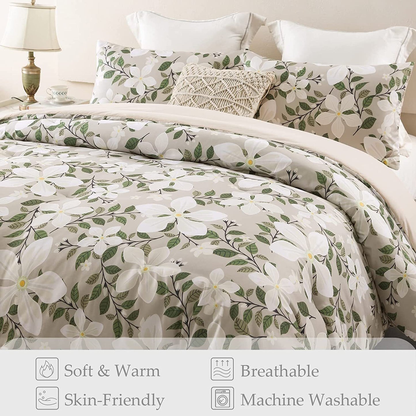 Whale Flotilla 3-Piece Queen Comforter Set, Soft Reversible Full Size Bedding Comforter Sets, Floral Printed Down Alternative Comforter Duvet for All Seasons, Bone