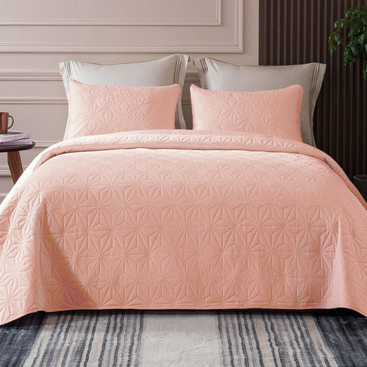 Whale Flotilla Microfiber Twin Size (68x88 inches) Quilt Set Lightweight Quilted Bedspreads Coverlets Set with Stars Pattern, Blush Pink, 2 Piece (1 Quilt, 1 Sham)