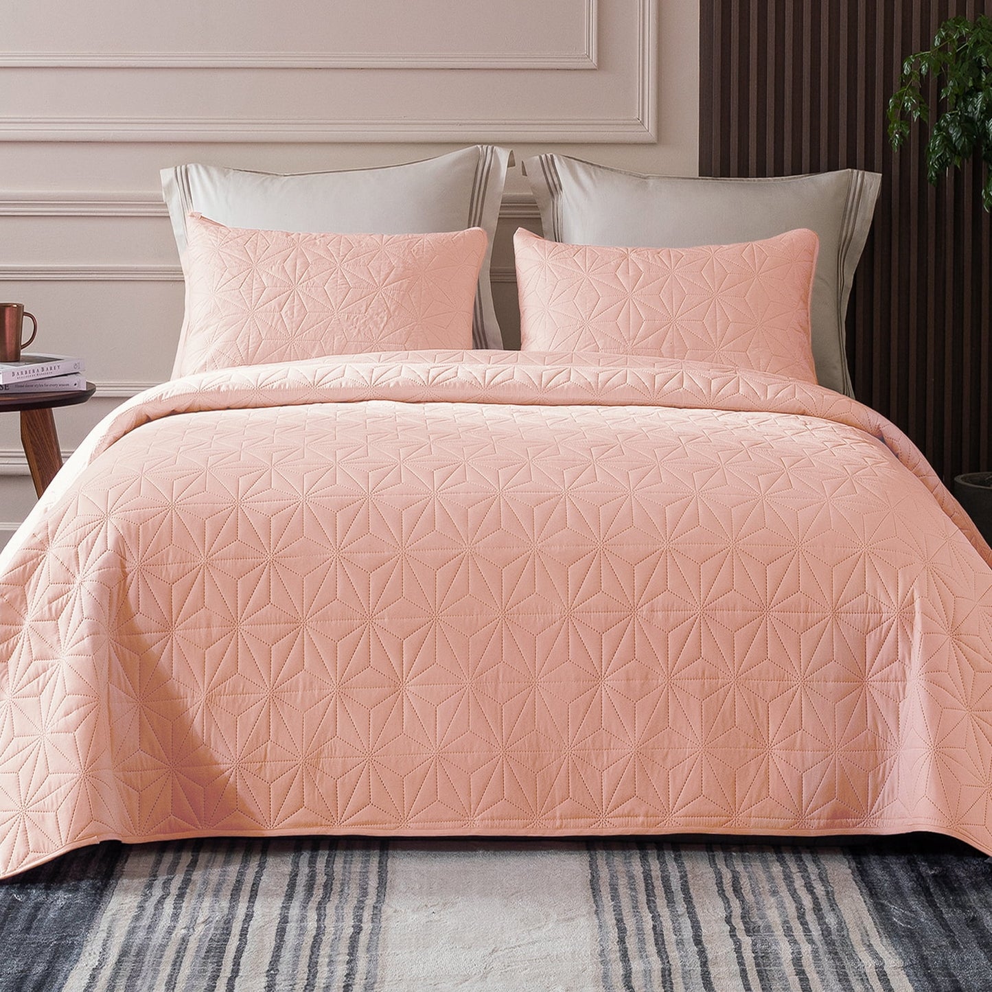 Whale Flotilla Microfiber Queen Size (96x90 inches) Quilt Set Lightweight Quilted Bedspreads Coverlets Set with Stars Pattern, Blush Pink, 3 Piece (1 Quilt, 2 Shams)