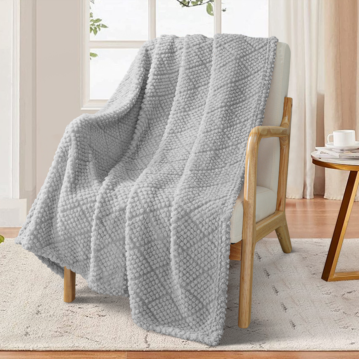 Whale Flotilla Fuzzy Fleece Throw Blanket for Couch, Bed, Soft Fluffy Jacquard Waffle Blankets for All Season, Lightweight and Warm, 50x60 Inch, Light Grey