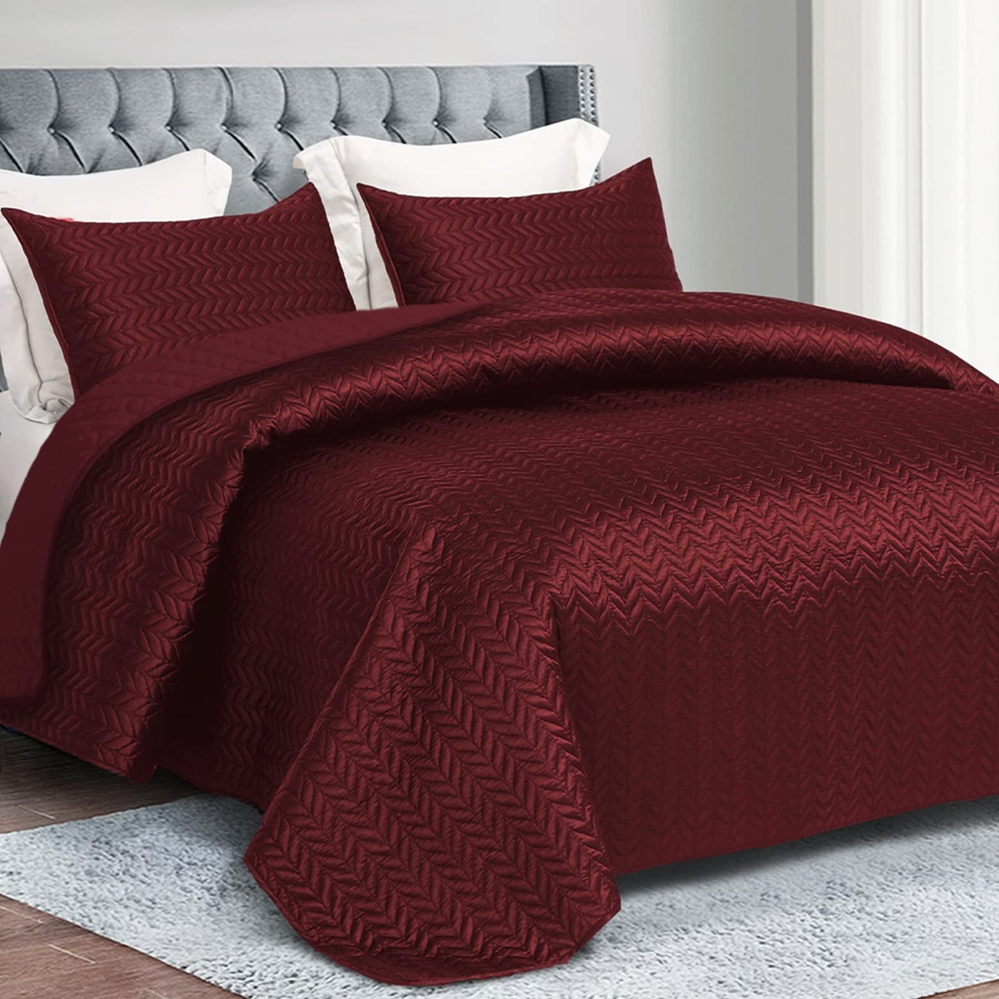 Whale Flotilla 3-Piece Luxury Satin Quilt Set Queen Size, Reversible Lightweight Coverlet Bedspreads Bedding Set with Pillow Shams,94x88 Inches, Red