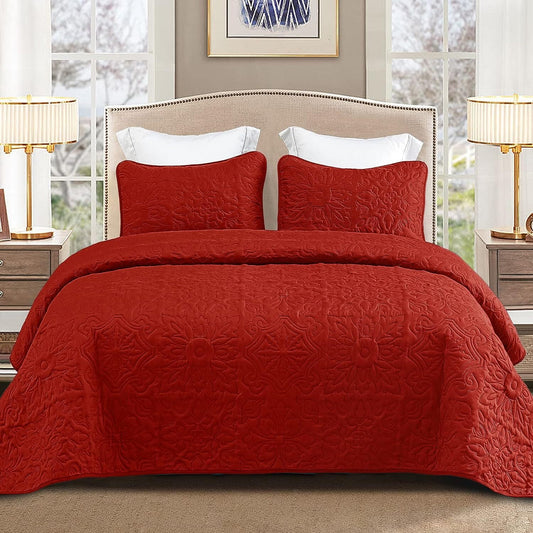 Whale Flotilla 3-Piece California King Size Quilt Set, Soft Ultrasonic Embossed Bedding Set, Lightweight Bedspread Coverlet with Boho Vintage Pattern, Reversible Bed Cover for All Seasons, Red