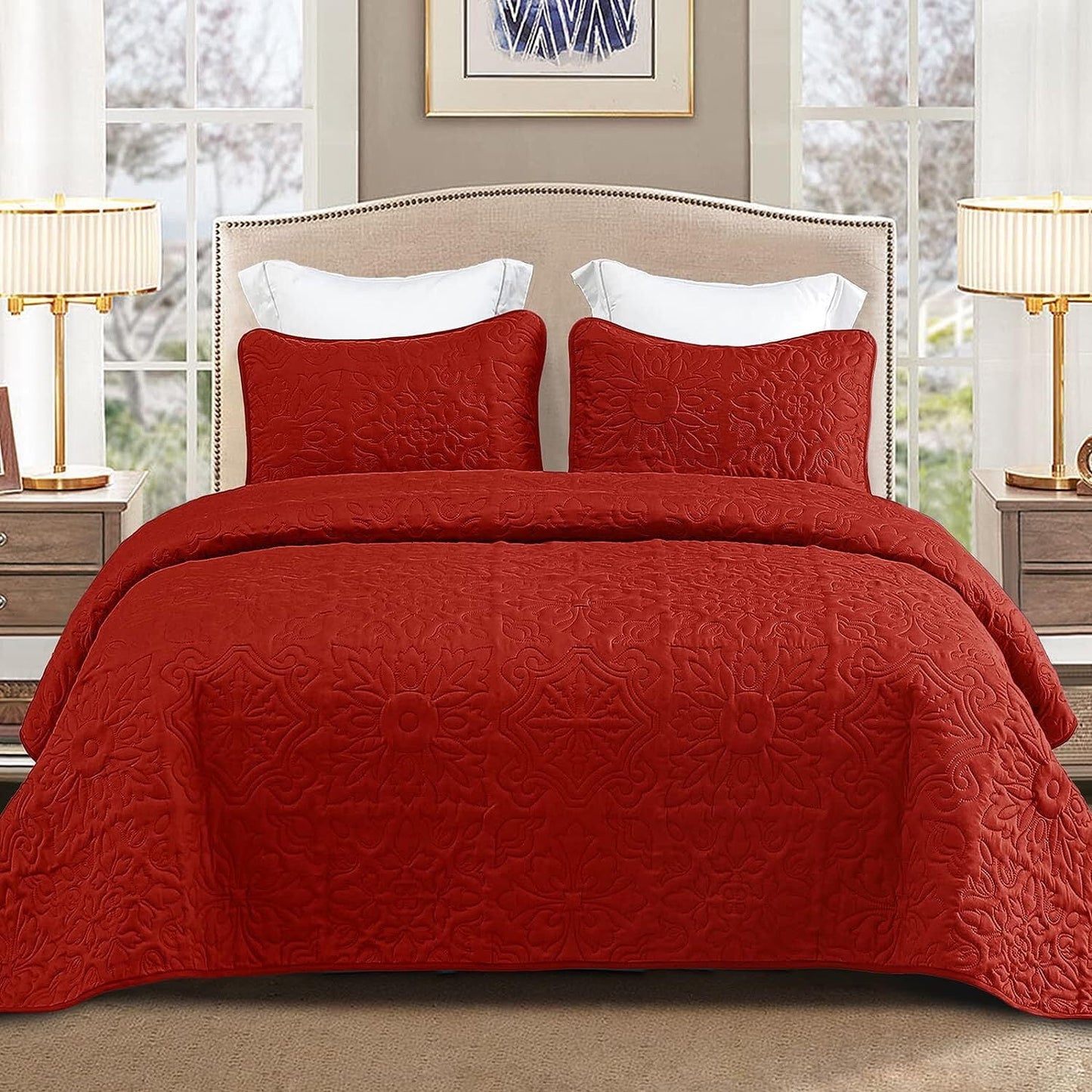 Whale Flotilla 3-Piece Queen Quilt Set, Soft Embossed Bedding Set, Lightweight Bedspread Coverlet with Damask Vintage Pattern, Reversible Bed Cover for All Seasons, Red