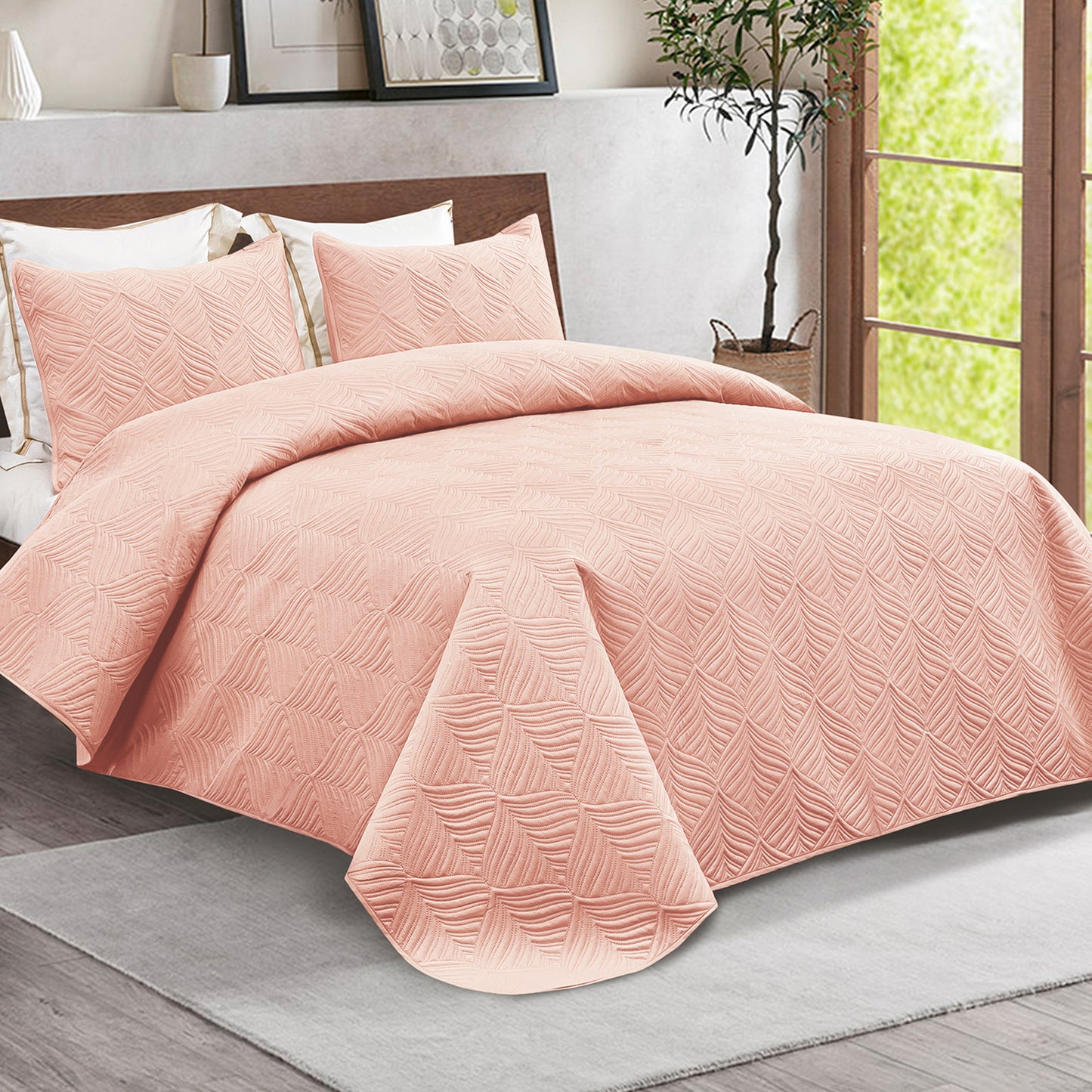 Whale Flotilla 3-Piece King Size Quilt Set, Soft Ultrasonic Embossed Bedding Set, Lightweight Bedspread Coverlet with Vintage Pattern, Reversible Bed Cover for All Seasons, Vintage Blush Pink