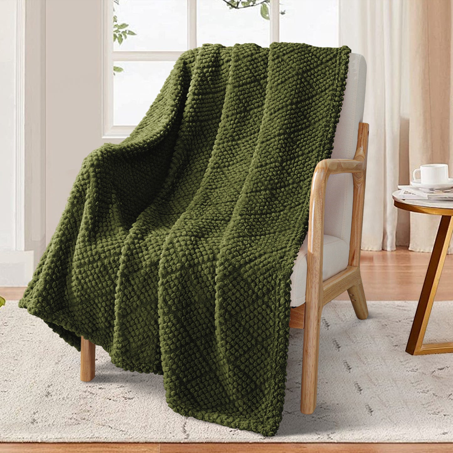 Whale Flotilla Fuzzy Fleece Throw Blanket for Couch, Bed, Soft Fluffy Jacquard Waffle Blankets for All Season, Lightweight and Warm, 50x60 Inch, Olive