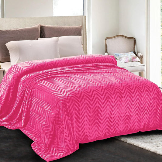 Whale Flotilla Flannel Fleece Twin Size Bed Blanket, Soft Velvet Lightweight Bedspread Plush Fluffy Coverlet Chevron Design Decorative Blanket for All Season, 90x66 Inch, Hot Pink