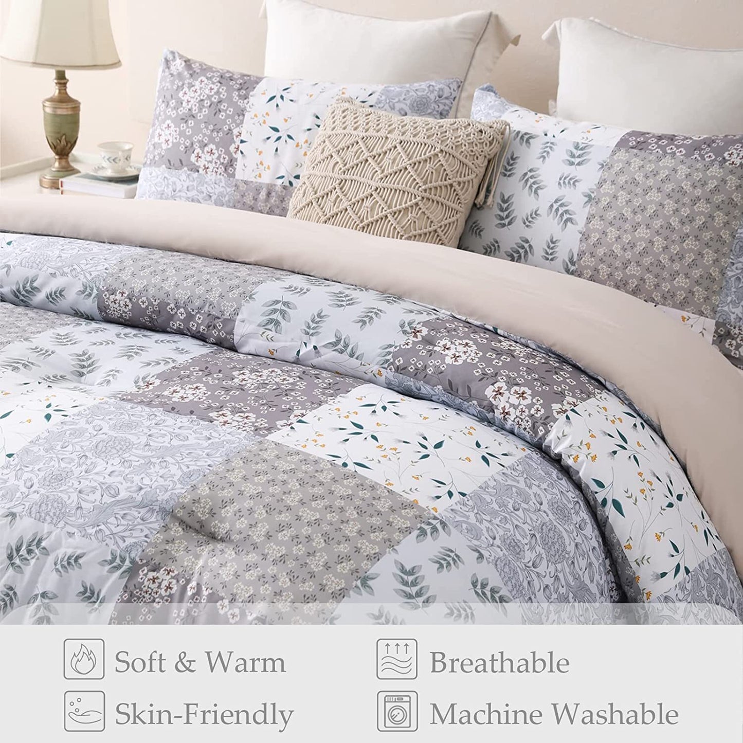 Whale Flotilla 3-Piece King Comforter Set, Soft Reversible Bedding Comforter Sets, Patchwork Printed Down Alternative Comforter Duvet for All Seasons, Grey