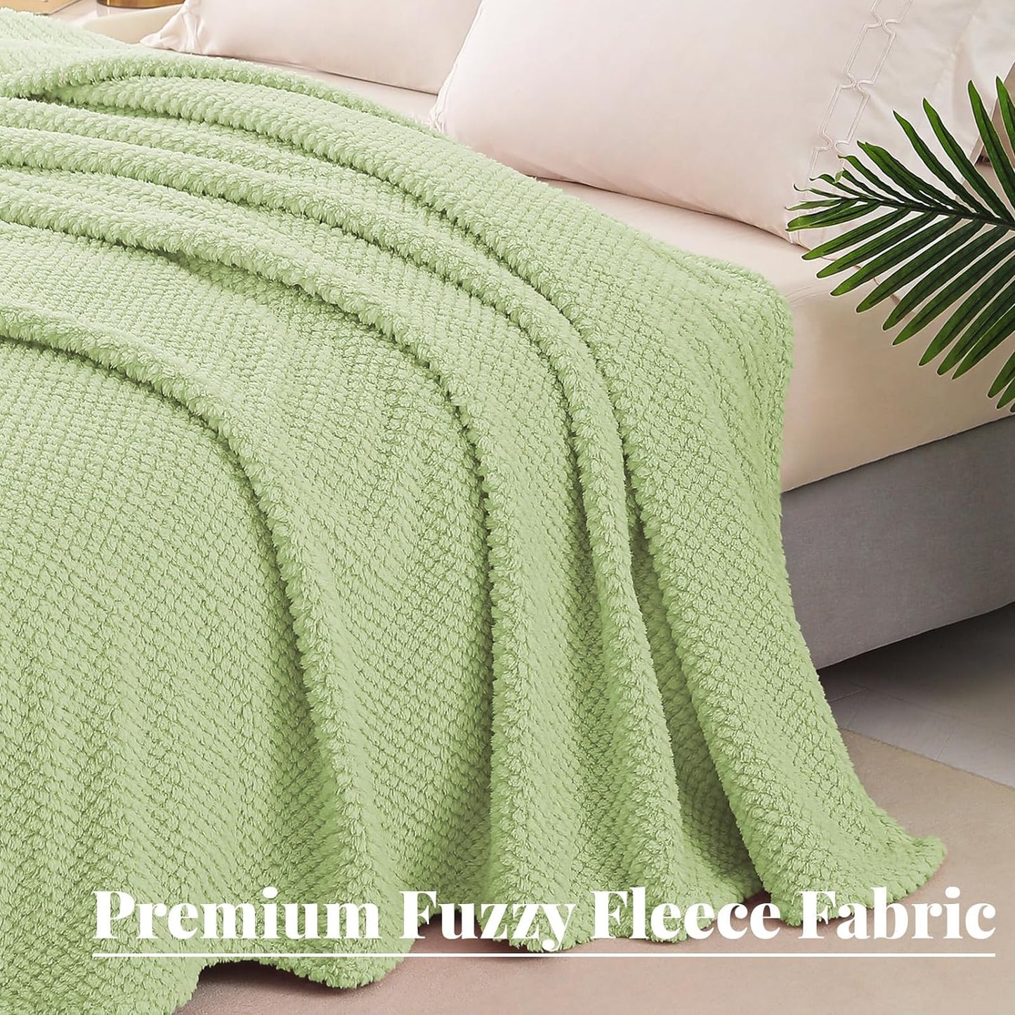 Whale Flotilla King Size Fuzzy Fleece Blanket, Fluffy Warm Soft Jacquard Bed Blankets for Fall Winter, Lightweight and Cozy, 90x104 Inch, Light Green