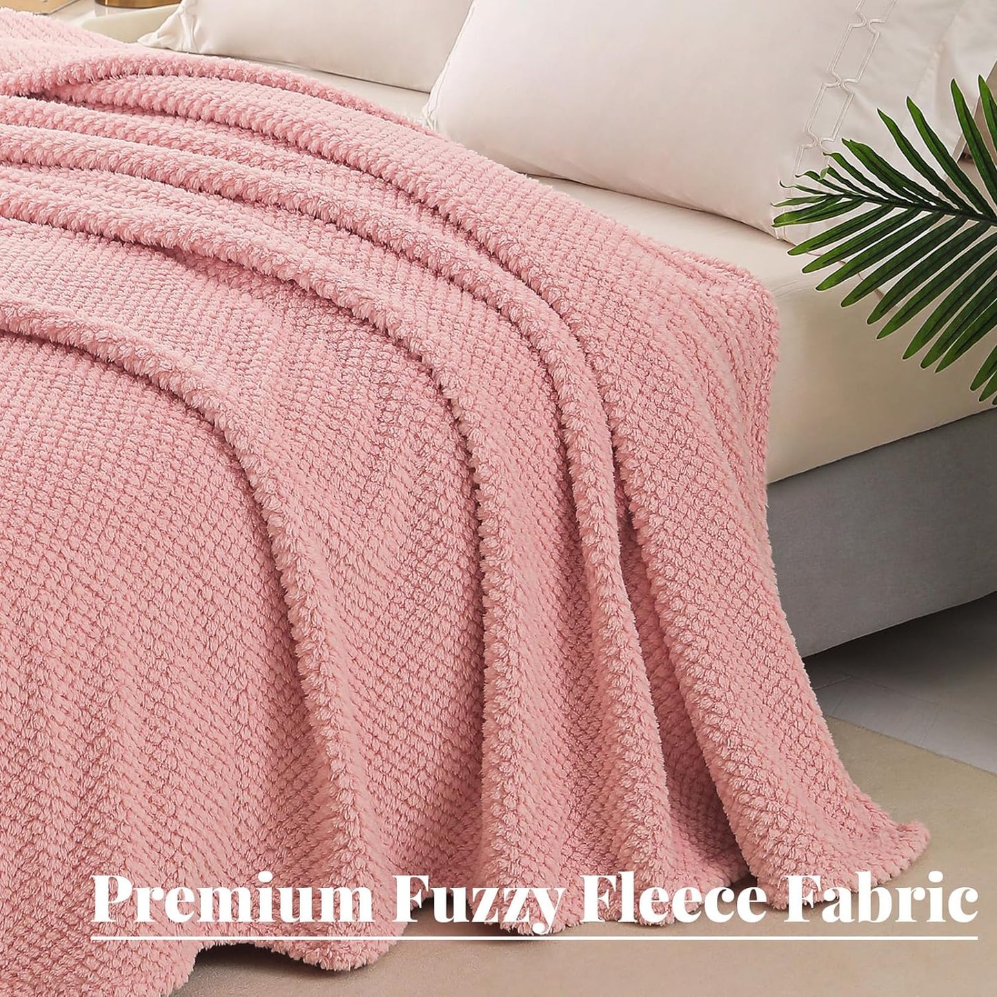 Whale Flotilla Queen Size Fuzzy Fleece Blanket, Fluffy Warm Soft Jacquard Bed Blankets for Fall Winter, Lightweight and Cozy, 90x90 Inch, Pink