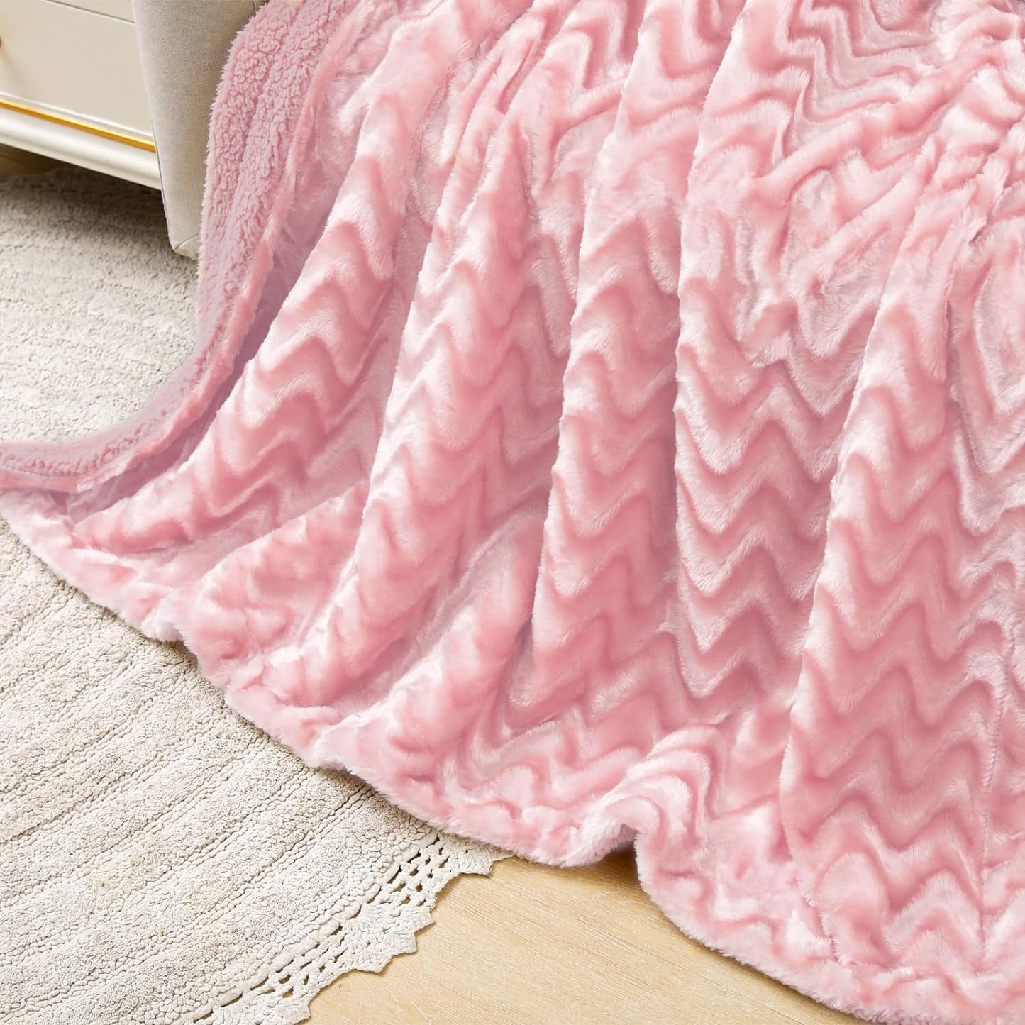 Whale Flotilla Faux Fur Sherpa Throw Blanket for Couch Sofa Bed, Cozy Reversible Fuzzy Fluffy Plush Throws Stylish Blankets for Winter Fall, Warm and Soft, 50x60 Inch, Pink