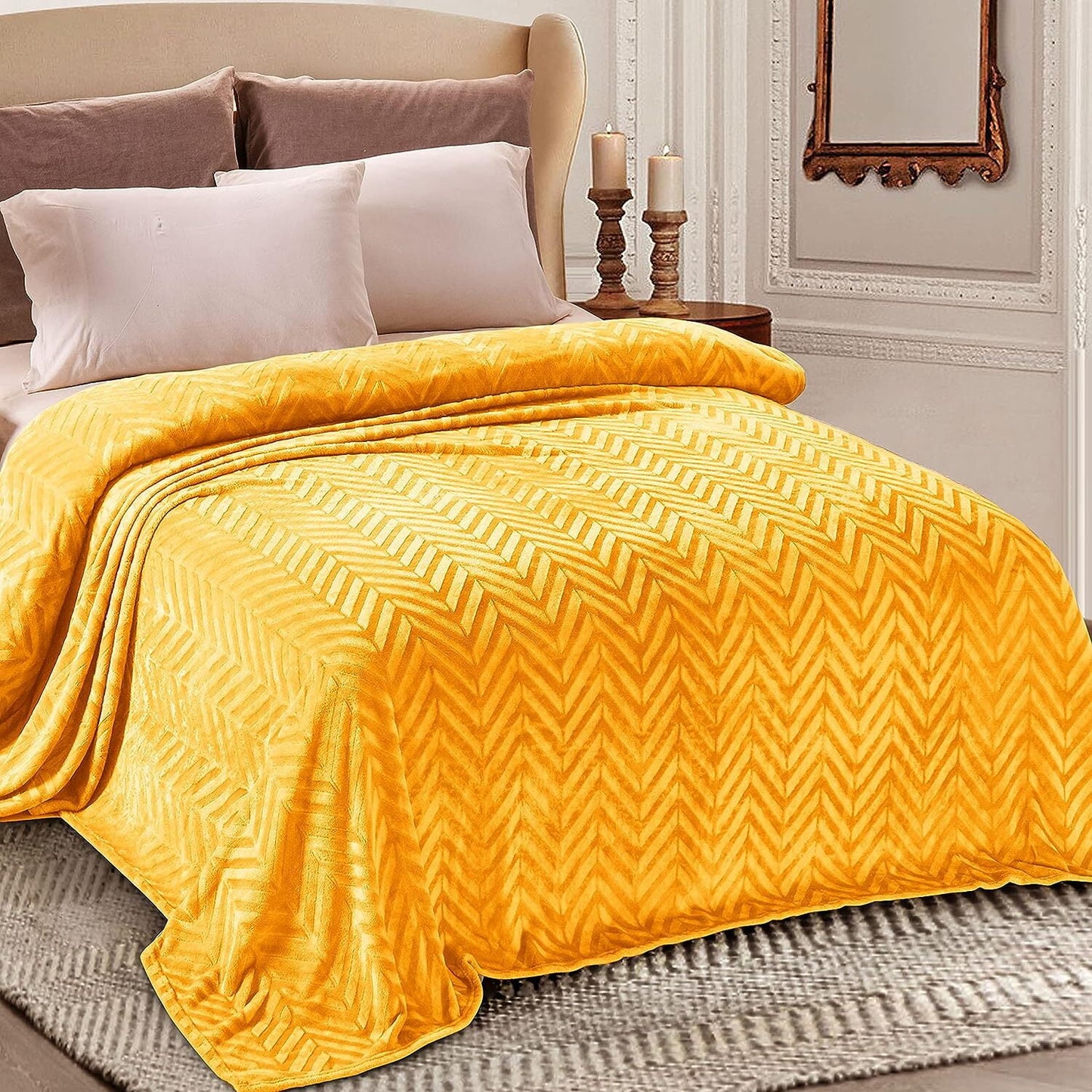 Whale Flotilla Flannel Fleece Twin Size Bed Blanket, Soft Velvet Lightweight Bedspread Plush Fluffy Coverlet Chevron Design Decorative Blanket for All Season, 90x66 Inch, Lemon Yellow