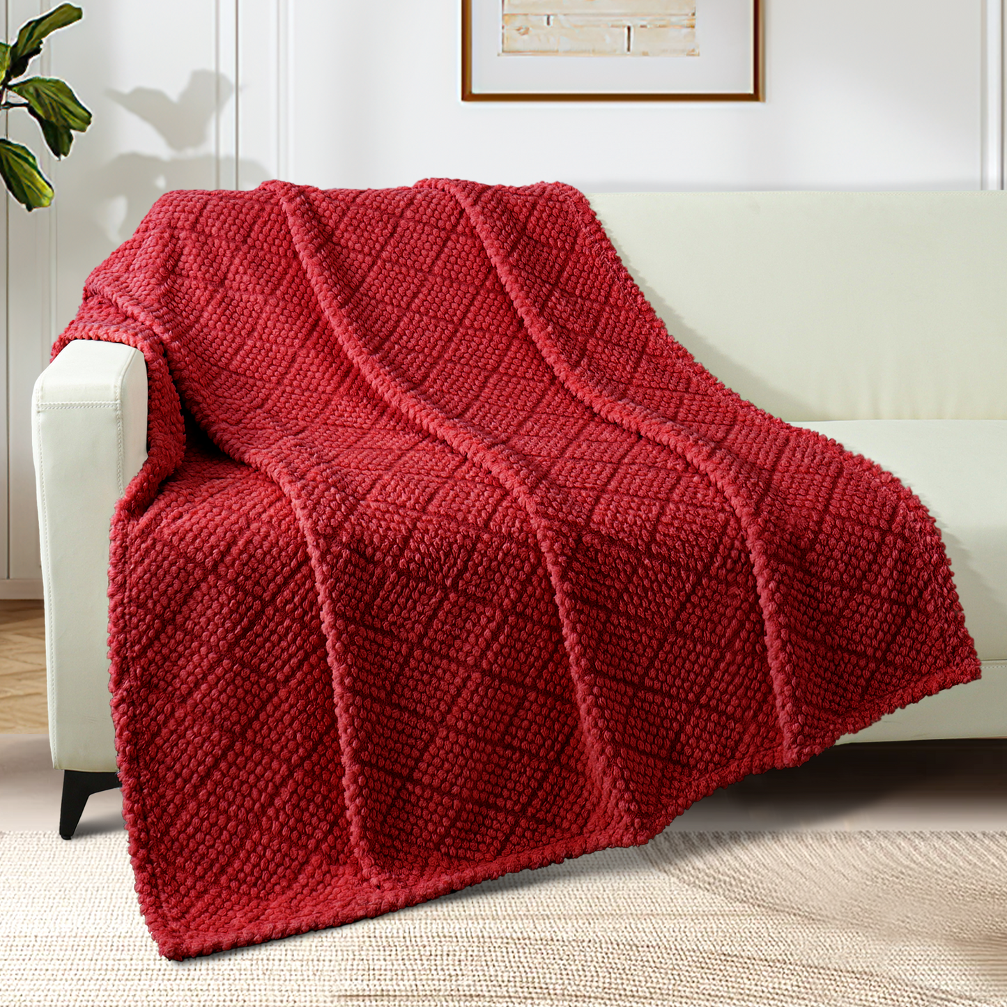 Whale Flotilla Fuzzy Fleece Throw Blanket for Couch, Bed, Soft Fluffy Jacquard Waffle Blankets for All Season, Lightweight and Warm, 50x60 Inch, Red