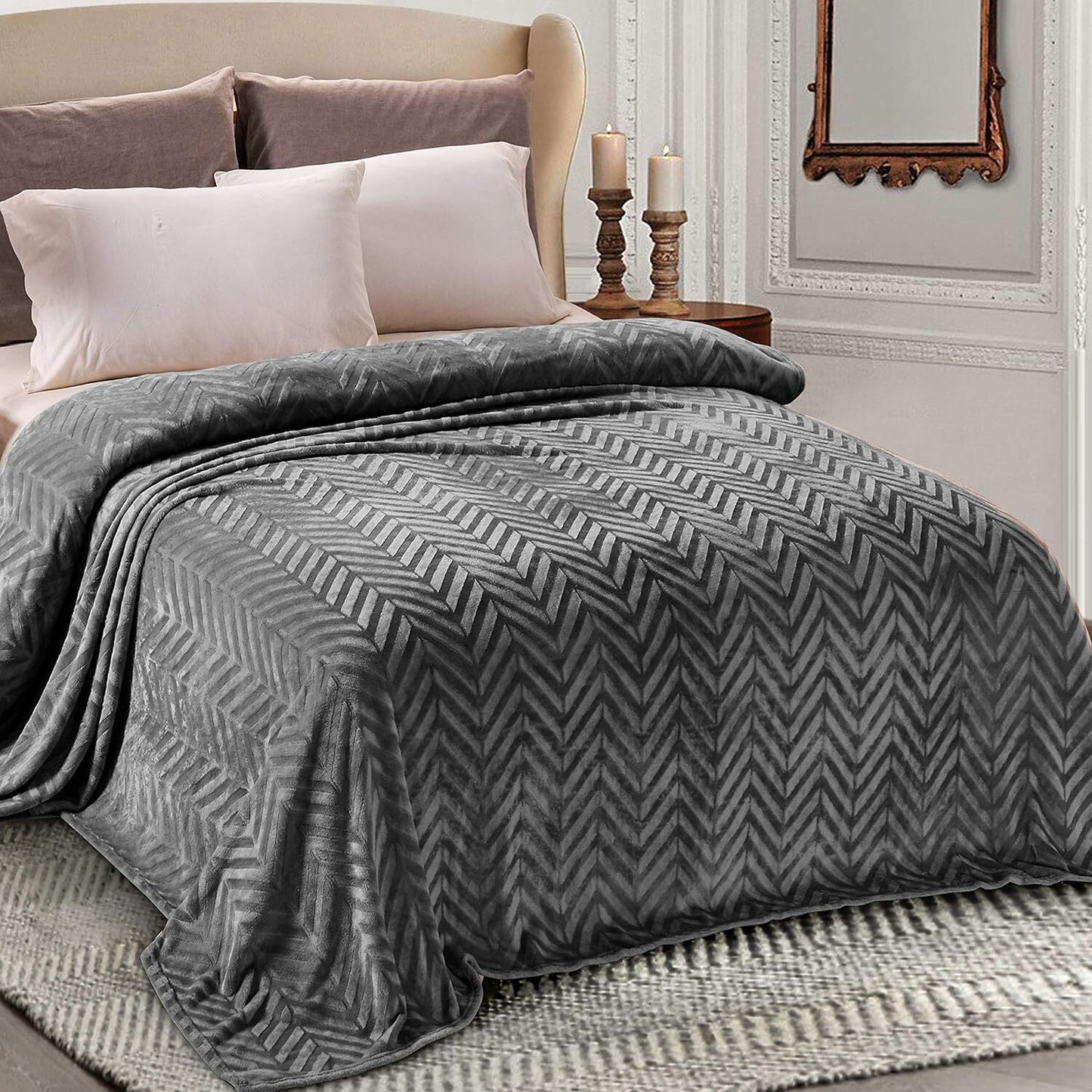 Whale Flotilla Flannel Fleece Twin Size Bed Blanket, Soft Velvet Lightweight Bedspread Plush Fluffy Coverlet Chevron Design Decorative Blanket for All Season, 90x66 Inch, Dark Grey