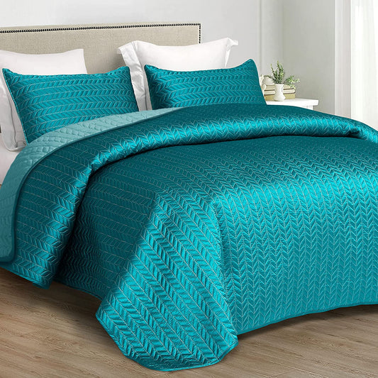 Whale Flotilla 3-Piece Luxury Satin Quilt Set King Size, Reversible Lightweight Coverlet Bedspreads Bedding Set with Pillow Shams,94x104 Inches, Turquoise