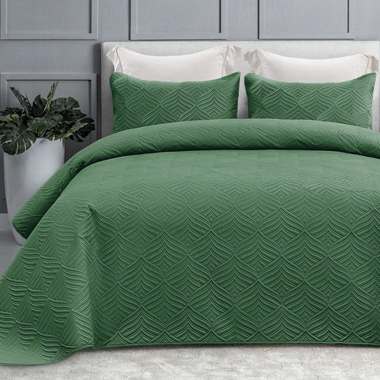 Whale Flotilla 3-Piece King Size Quilt Set, Soft Ultrasonic Embossed Bedding Set, Lightweight Bedspread Coverlet with Vintage Pattern, Reversible Bed Cover for All Seasons, Vintage Sage Green