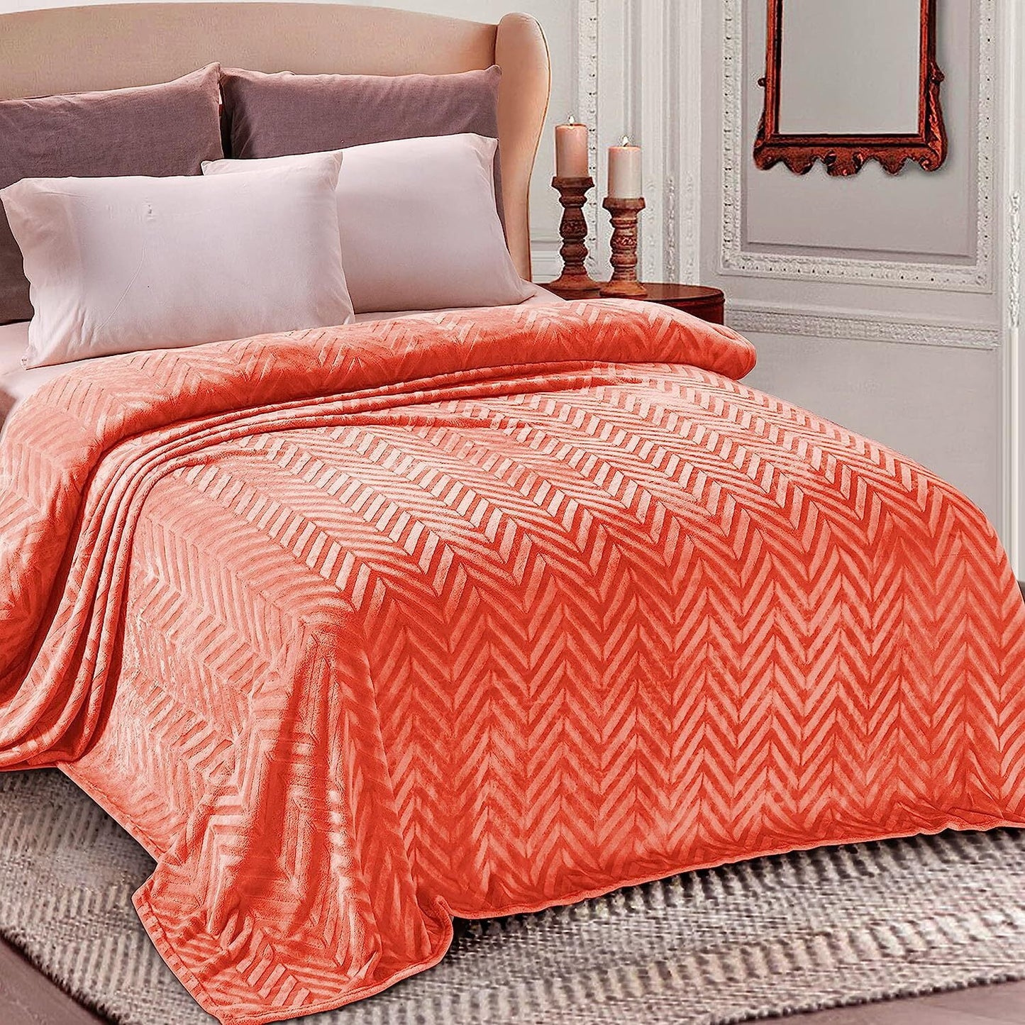 Whale Flotilla Flannel Fleece Twin Size Bed Blanket, Soft Velvet Lightweight Bedspread Plush Fluffy Coverlet Chevron Design Decorative Blanket for All Season, 90x66 Inch, Coral