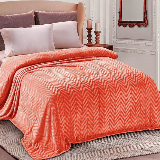 Whale Flotilla Flannel Fleece Queen Size Bed Blanket, Soft Velvet Lightweight Bedspread Plush Fluffy Coverlet Chevron Design Decorative Blanket for All Season, 90x90 Inch, Coral