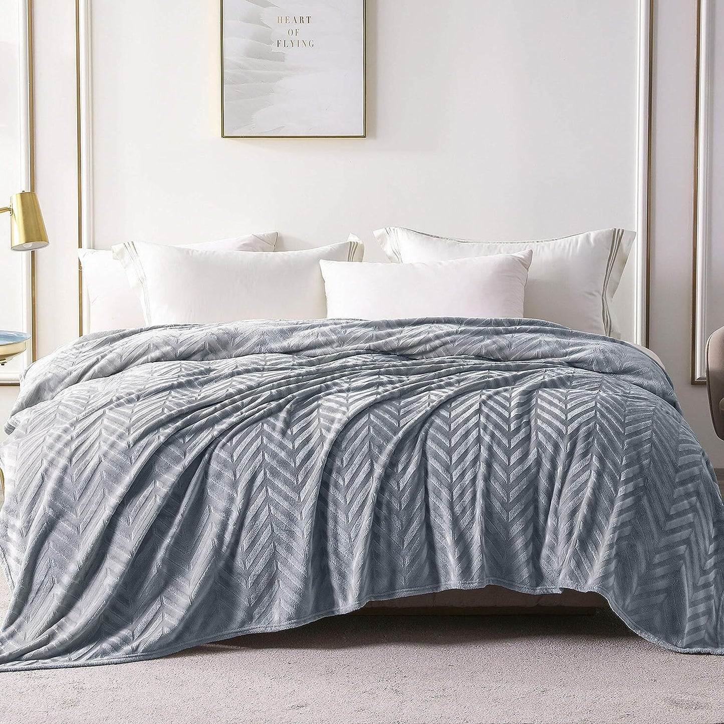 Whale Flotilla Flannel Fleece Twin Size Bed Blanket, Soft Velvet Lightweight Bedspread Plush Fluffy Coverlet Chevron Design Decorative Blanket for All Season, 90x66 Inch, Silver Grey