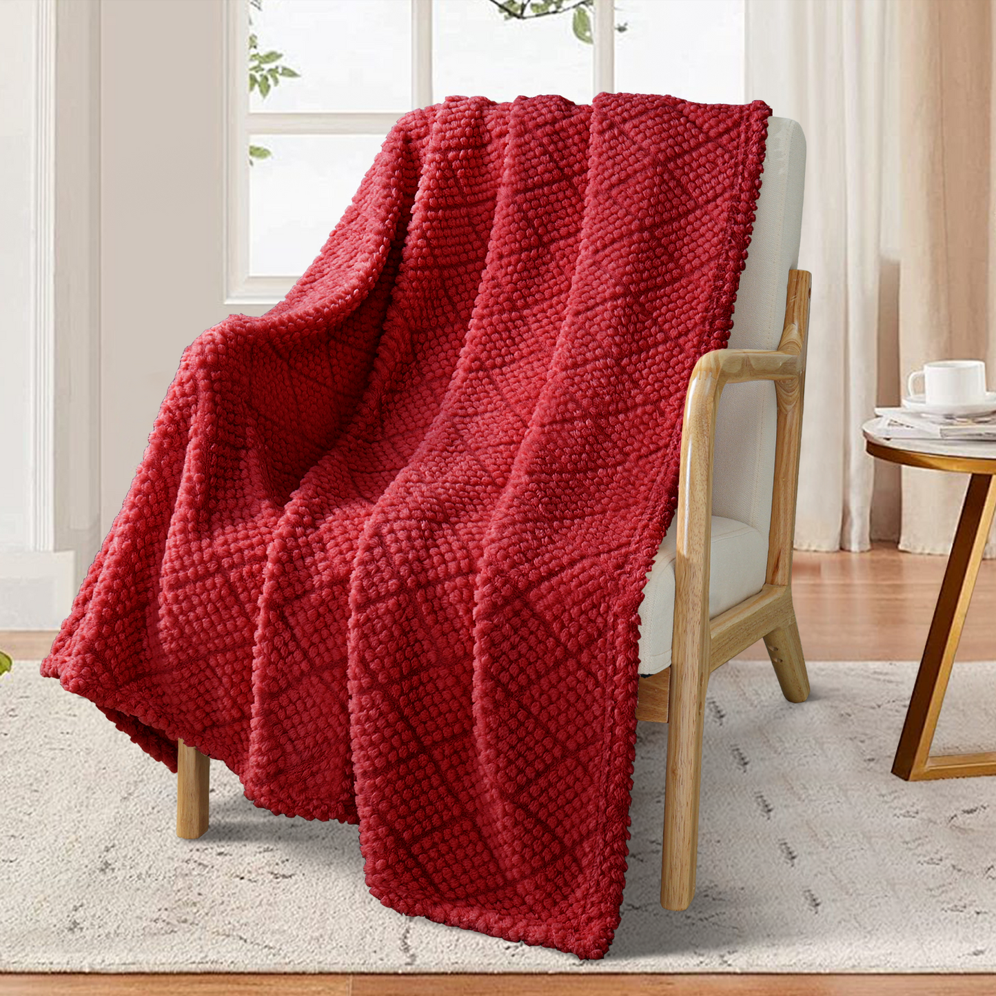 Whale Flotilla Fuzzy Fleece Throw Blanket for Couch, Bed, Soft Fluffy Jacquard Waffle Blankets for All Season, Lightweight and Warm, 50x60 Inch, Red