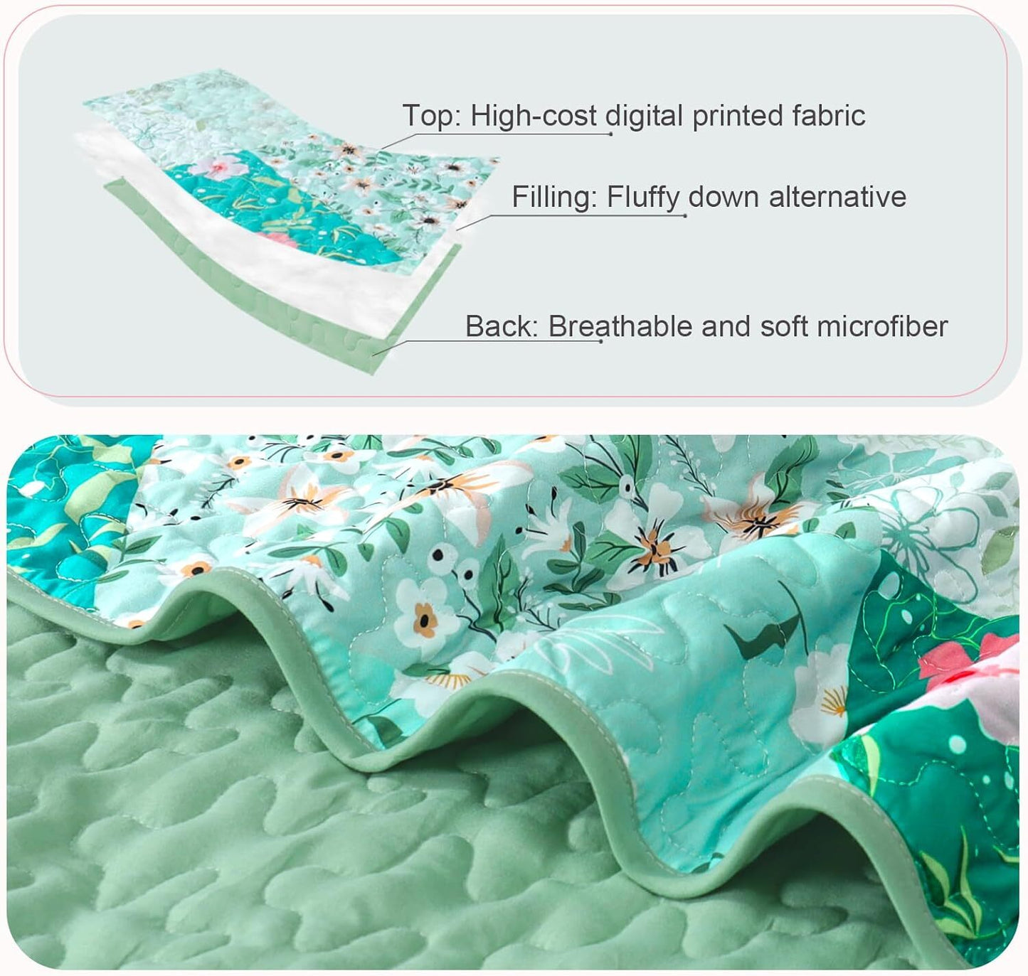 Whale Flotilla Reversible Patchwork Quilts King Size, Lightweight Boho Printed Bedspreads Coverlets Quilt Bedding Set with 2 Pillow Shams for All Seasons, Light Green